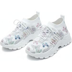 BRAND NEW ~ Women's Cute Blue & Pink Butterfly White Sneakers Walking Shoes ~ 9